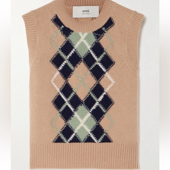 Ami Paris Tan Argyle Knit Sweater Vest
